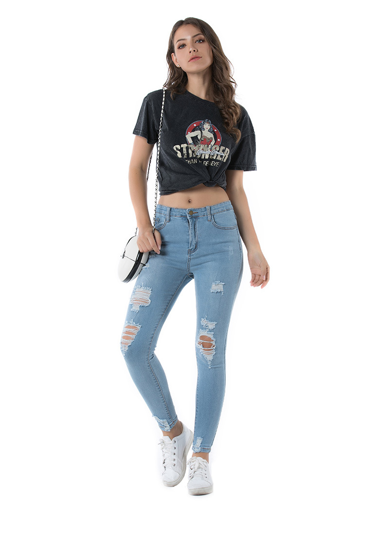 Nostalgic stretch hole jeans Blue - Shop at LoveMi