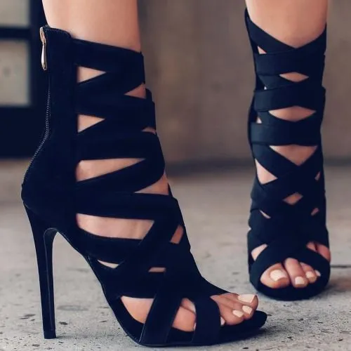 Cutout fashion high heel sandals evening shoes - Black