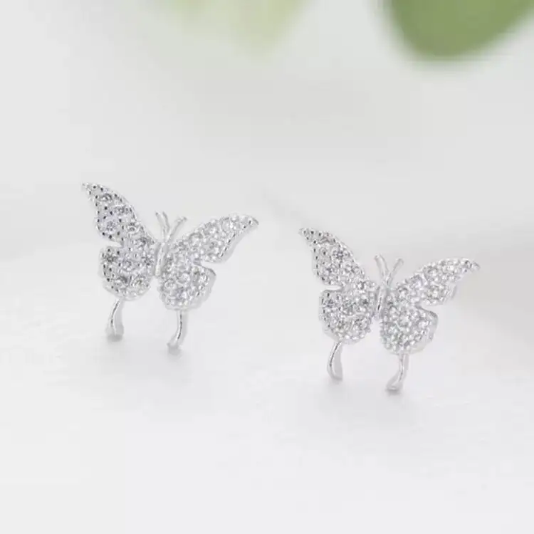 Full diamond small butterfly earrings female pierced ears ear clips forest girl wild net red earrings new 925 silver needle