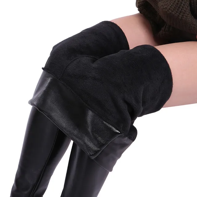 Women Autumn Winter Sexy Elastic Trousers Stretch Black PU Leather Shaper High Waist Leggings - Black