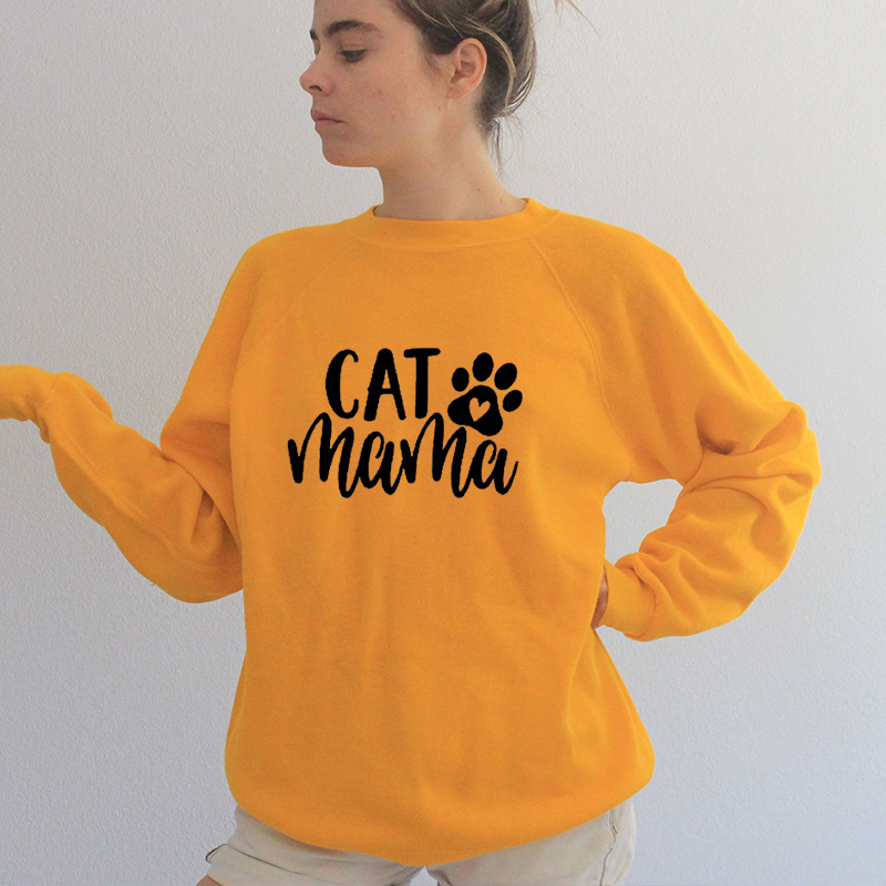 Cat mama letter round neck cotton sweatshirt