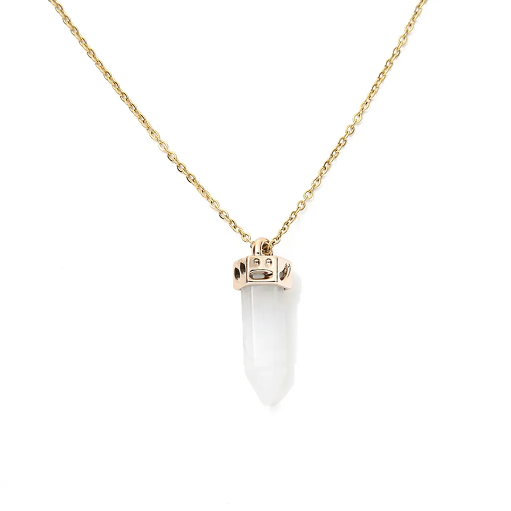 Ling Pendulum Bullet Resin Hexagon Column Pendant Stainless Steel Necklace - White