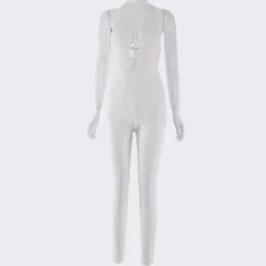 Halter V-neck waist loaf casual pants jumpsuit - White - View 1