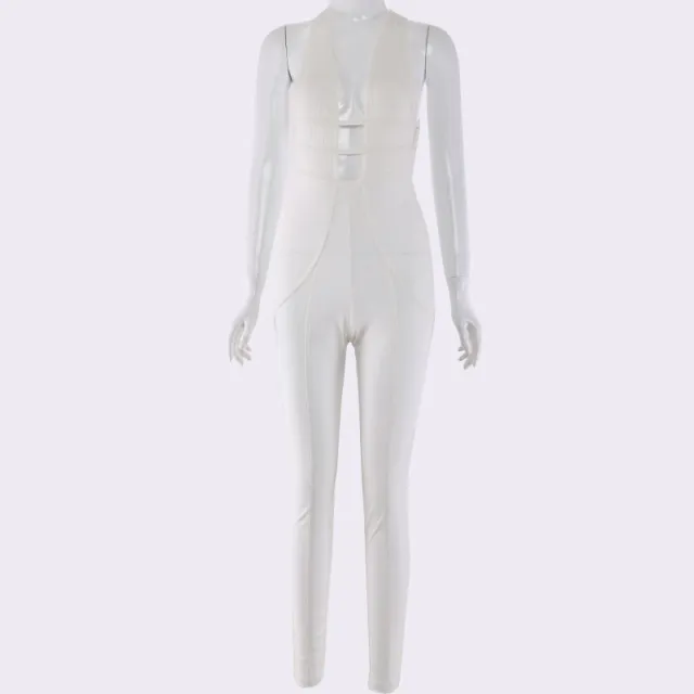 Halter V neck waist loaf casual pants jumpsuit White - Shop at LoveMi