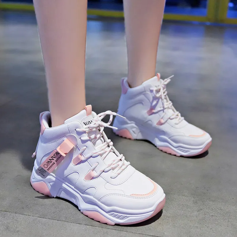 High-top sneakers, white shoes, women - Pink