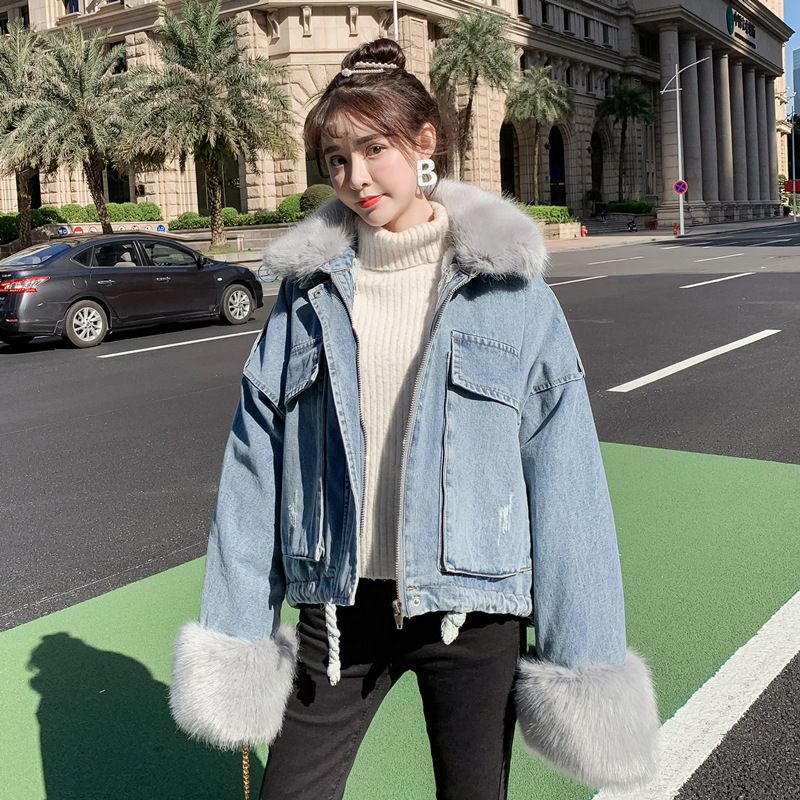 Detachable rabbit fur two piece denim coat Grey - Shop at LoveMi