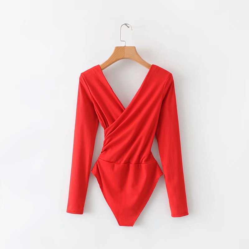 Cross stitching long sleeve jumpsuit Bright Red - Shop at LoveMi