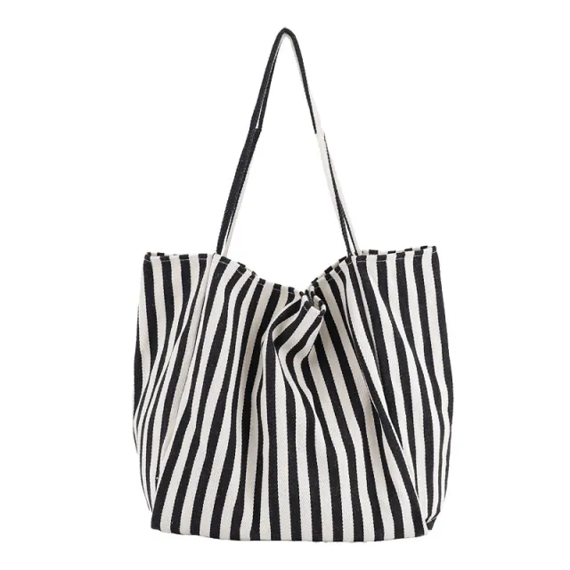 Striped Canvas Bags High Capacity Shoulder Bags For Women Fashion Shopper Handbags Casual Shopping Totes Black - Shop at LoveMi