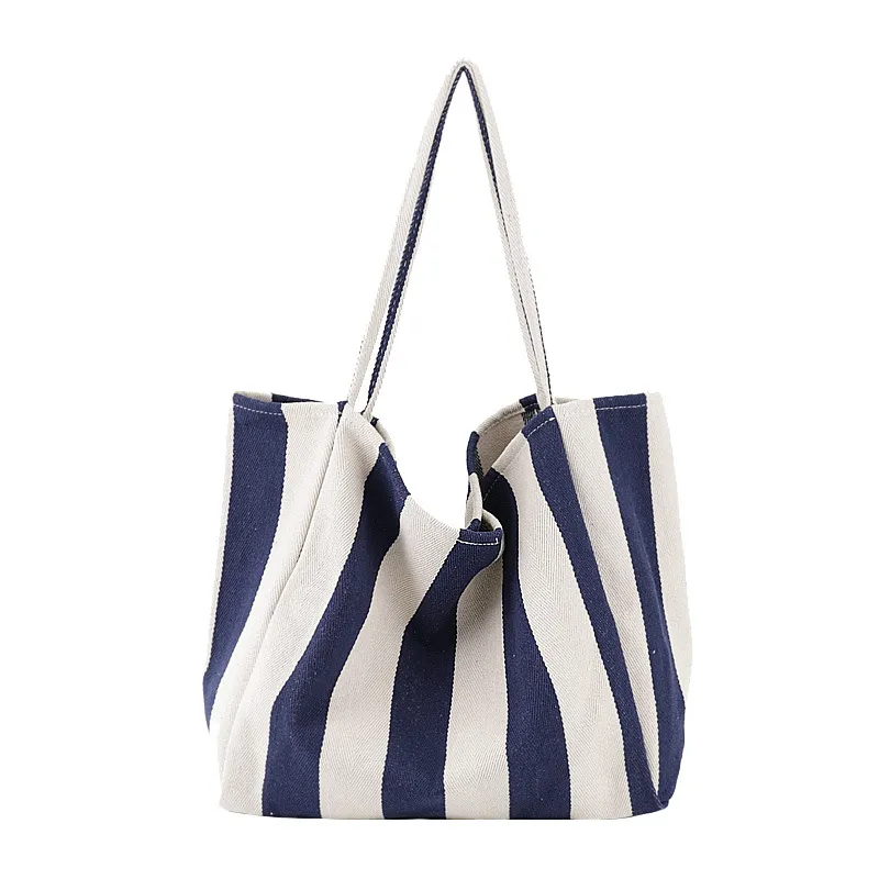 Striped Canvas Bags High Capacity Shoulder Bags For Women Fashion Shopper Handbags Casual Shopping Totes - Blue