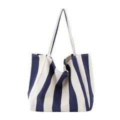 Striped Canvas Bags High Capacity Shoulder Bags For Women Fashion Shopper Handbags Casual Shopping Totes - Blue - View 1