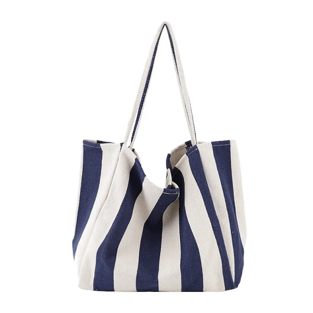 Striped Canvas Bags High Capacity Shoulder Bags For Women Fashion Shopper Handbags Casual Shopping Totes Blue - Shop at LoveMi