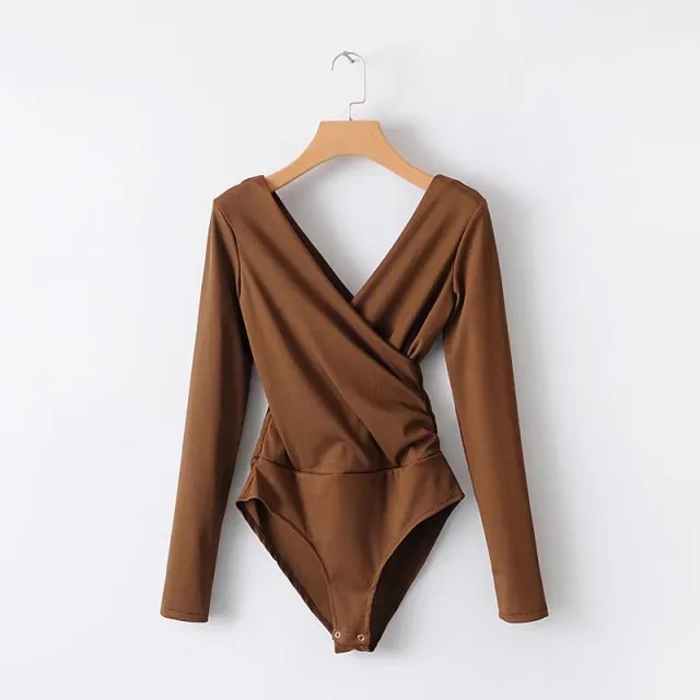 Cross stitching long sleeve jumpsuit Brown - Shop at LoveMi