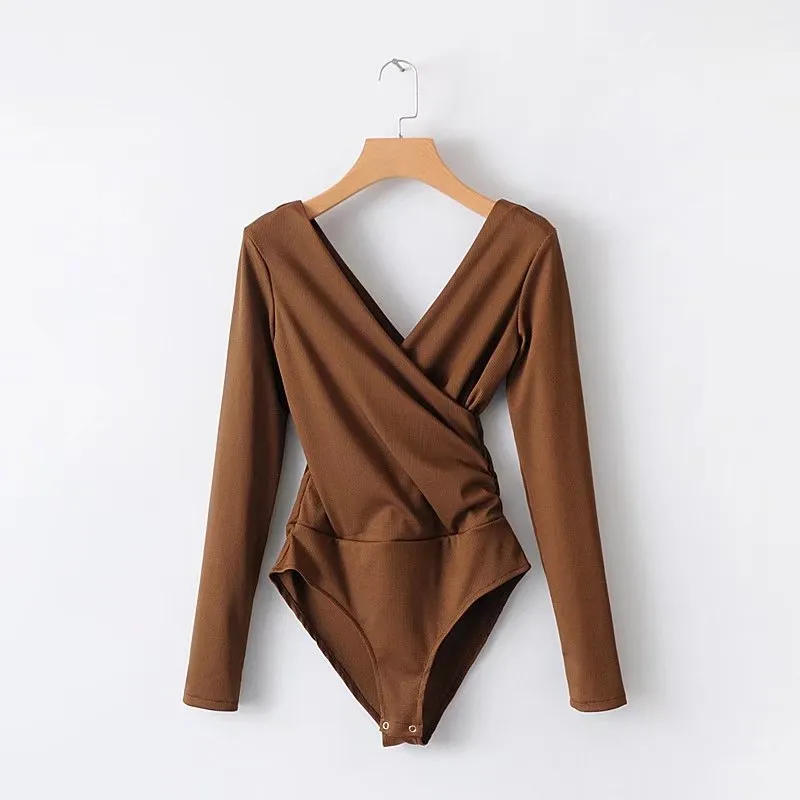 Cross stitching long sleeve jumpsuit - Brown