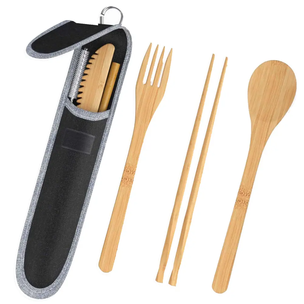 Portable Travel Bamboo Cutlery Stainless Steel Straw Chopsticks Set