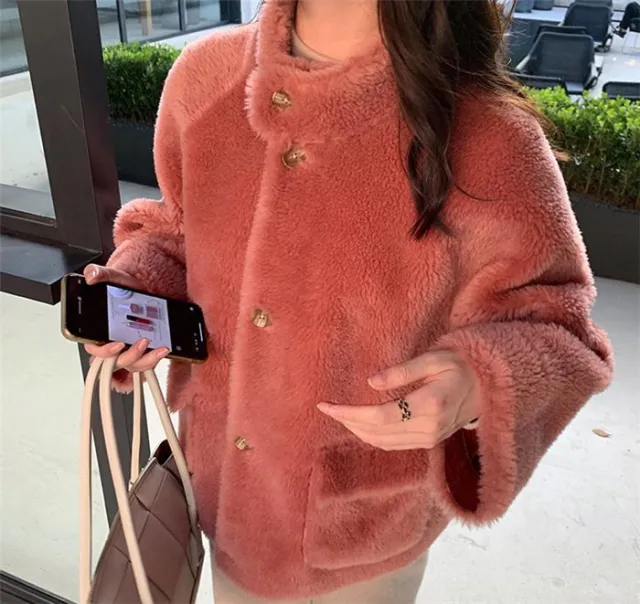 Warm loose fur coat lamb fur coat Pink - Shop at LoveMi