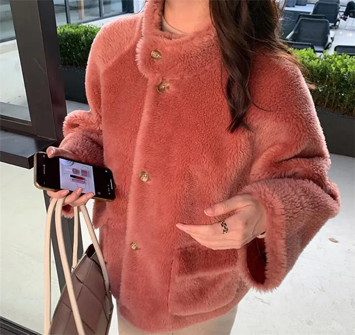 Warm loose fur coat lamb fur coat - Pink