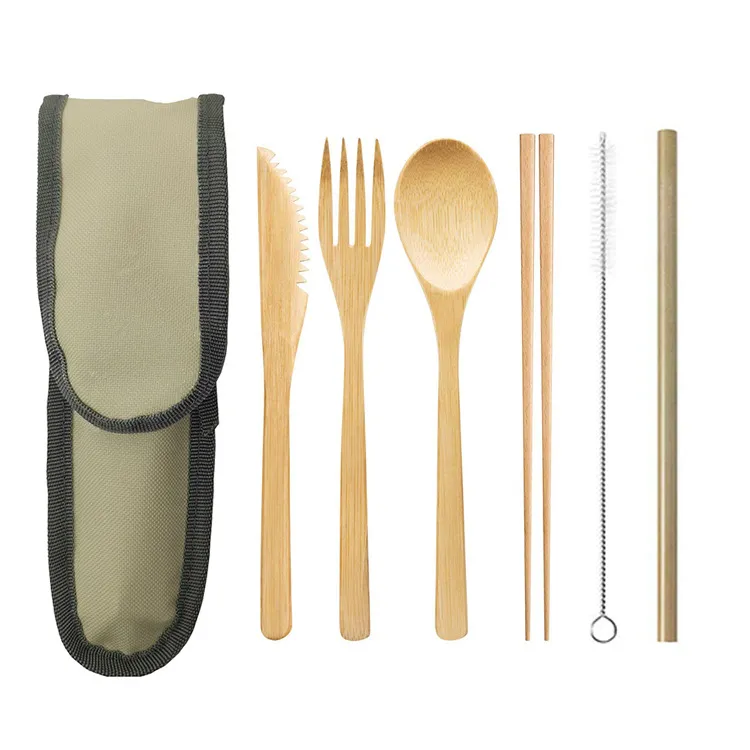 Portable Travel Bamboo Cutlery Cutlery Stainless Steel Straw Chopsticks Cutlery Set – image 5