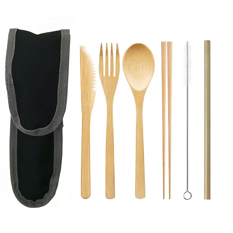 Portable Travel Bamboo Cutlery Cutlery Stainless Steel Straw Chopsticks Cutlery Set – image 6