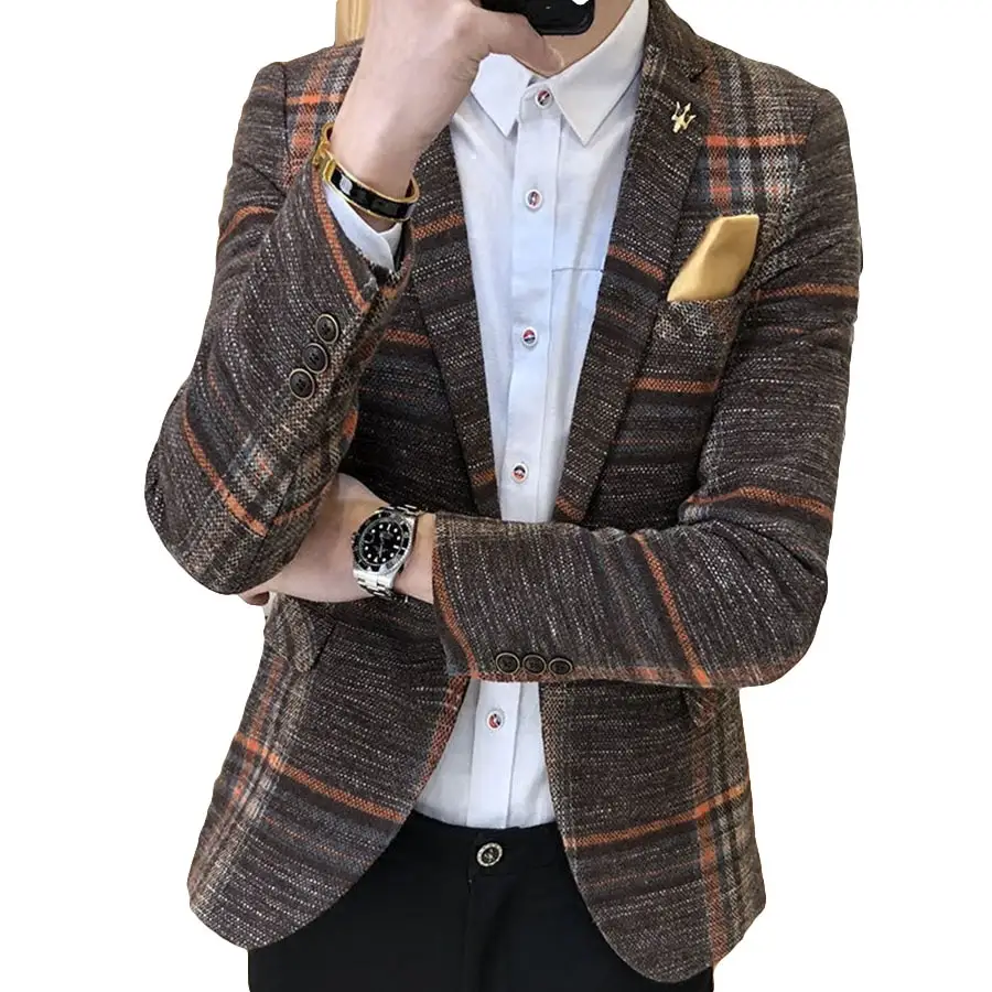 Men Blazer Slim Fit Designs Male Plaid