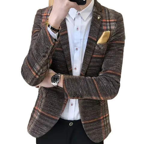 Men Blazer Slim Fit Designs Male Plaid