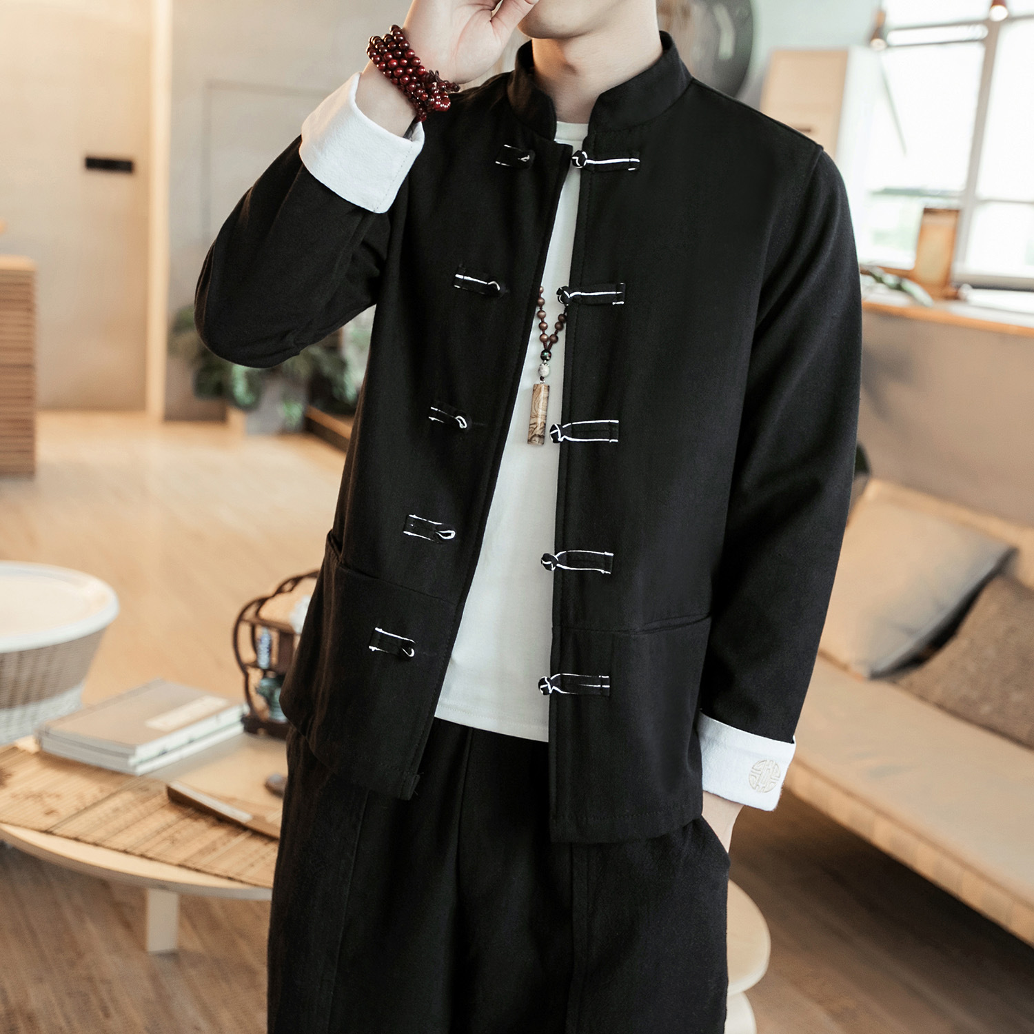 Chinese style men's linen jacket with long sleeves