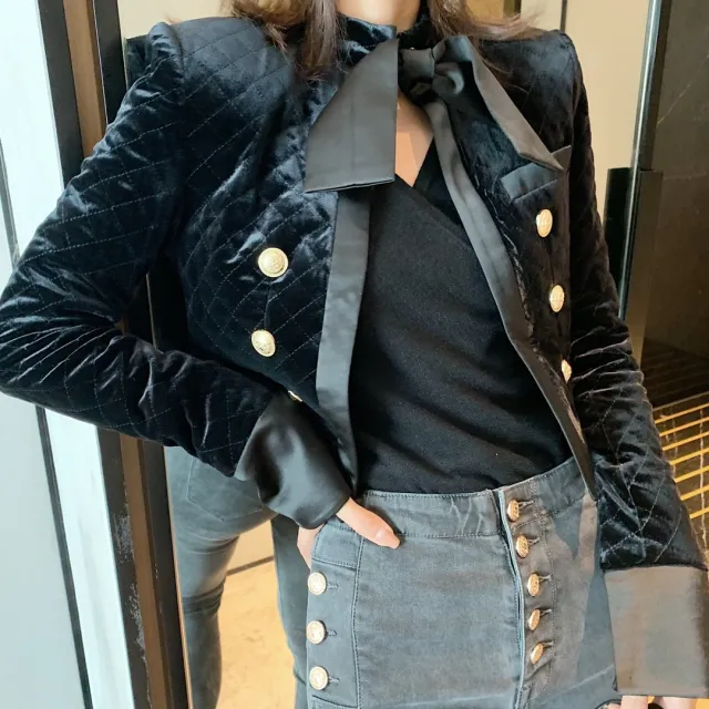 Velvet plaid top short coat Black - Shop at LoveMi