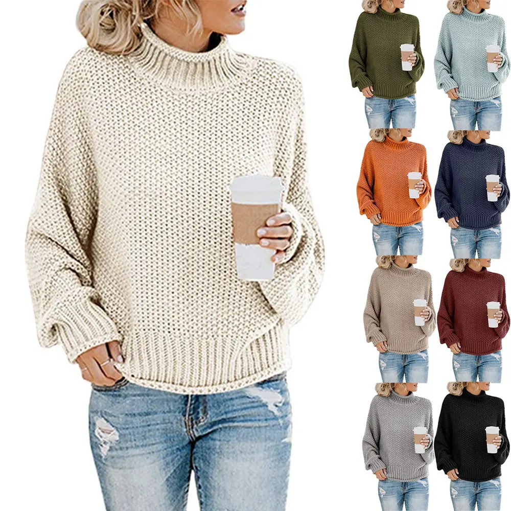 Solid Turtleneck Pullover Sweater Winter Fashion Casual Knitted Long-Sleeved