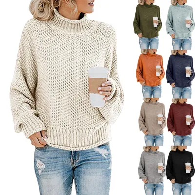 Solid Turtleneck Pullover Sweater Winter Fashion Casual Knitted Long-Sleeved Top Women's Clothing