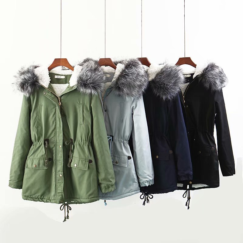 Hooded large fur collar plus fleece coat