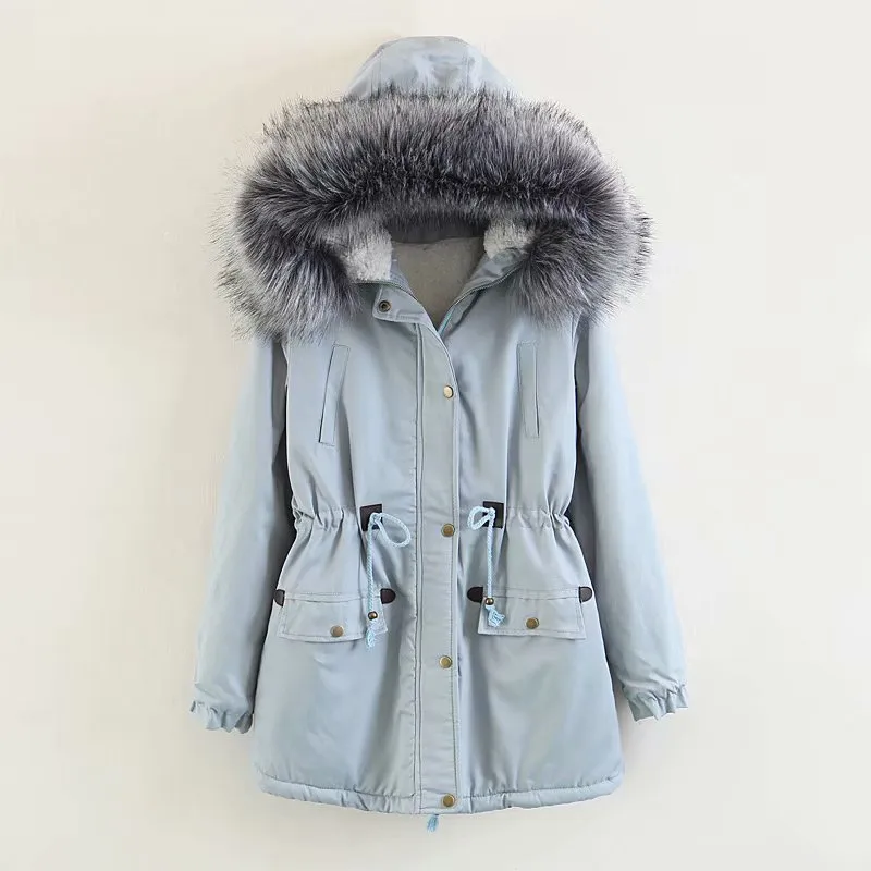 Hooded large fur collar plus fleece coat - Grey
