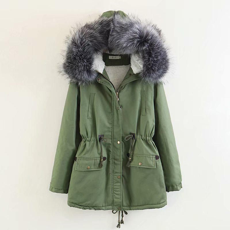 Hooded large fur collar plus fleece coat Military Green - Shop at LoveMi