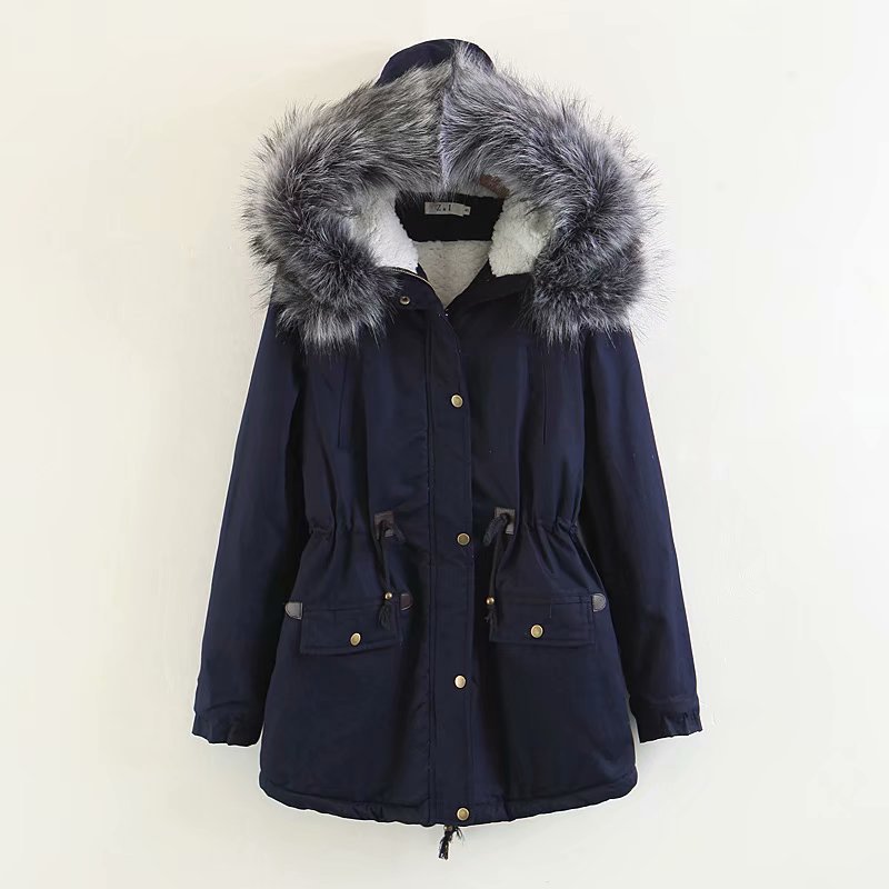 Hooded large fur collar plus fleece coat Tibetan Blue - Shop at LoveMi
