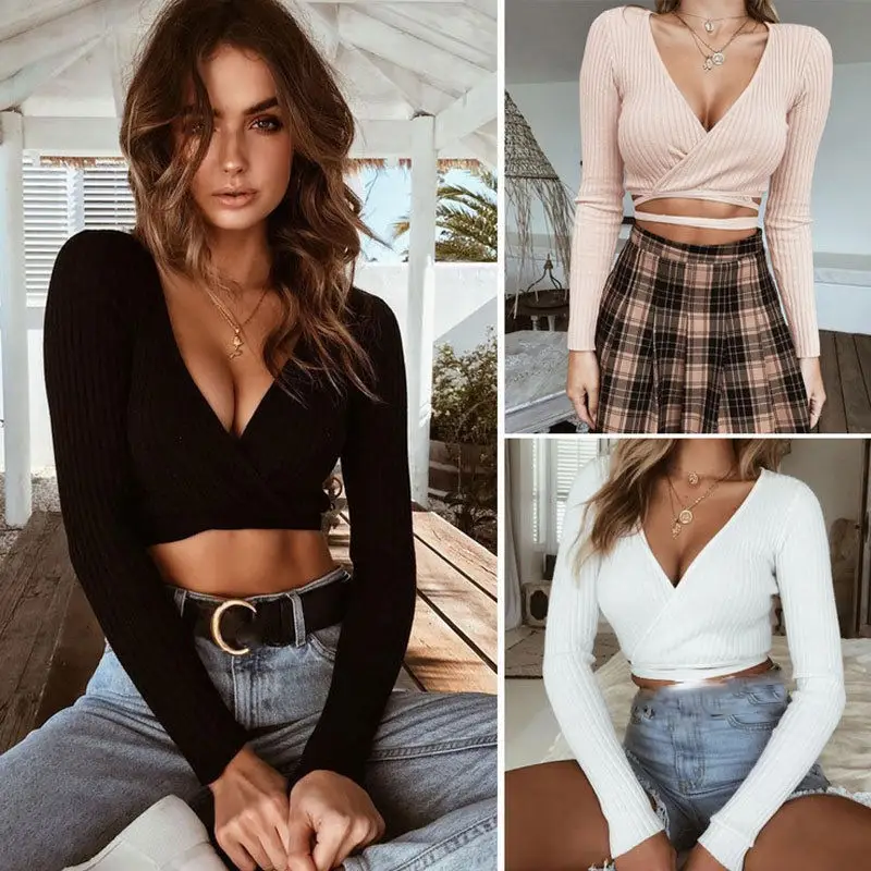 Sexy Women Ladies Summer Slim Crop Tops Long Sleeve