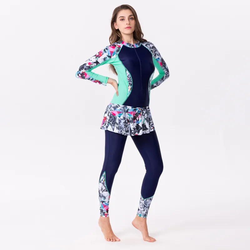 One-Piece Long Sleeve Long Skirt Swimsuit - Blue