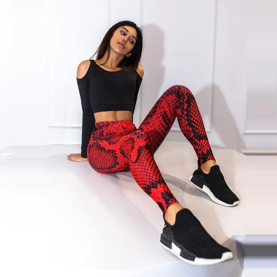Women Snake Printed Leggings Women Push Up Fitness Sweatpants - Red