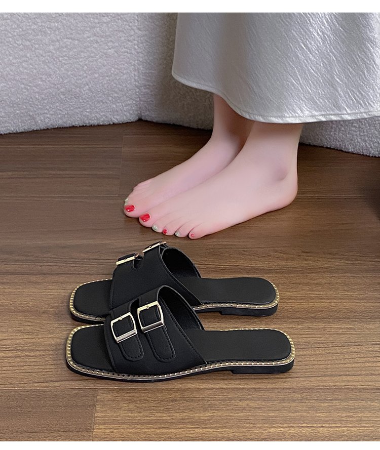Women's Plus Size Buckle Flat One-Strap Slide Sandals, Vintage Lightweight Beach Flip Flops product image