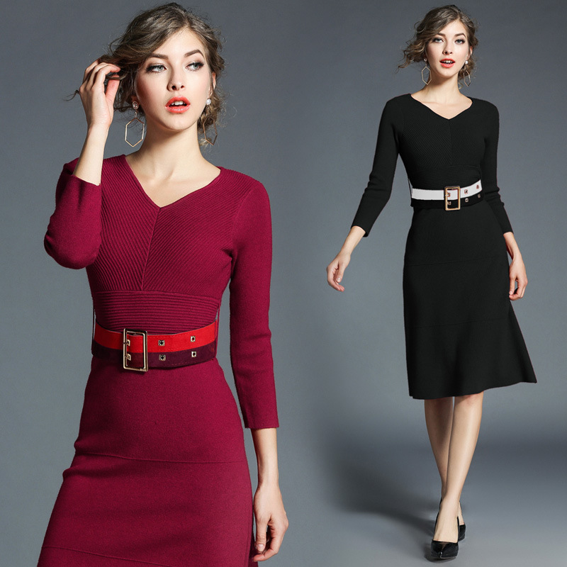 Women V-Neck long sleeve medium length slim skirt