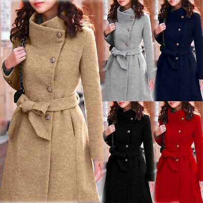 Belted woolen coat with slim collar