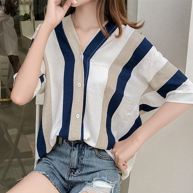 Oversized V-neck striped shirt