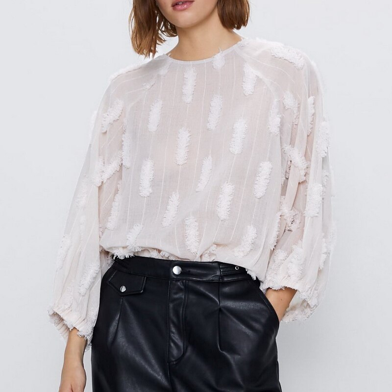 Retro casual long sleeve pullover textured blouse loose shirt