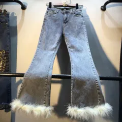 Leggings with real rabbit fur and high waist - Blue - View 1