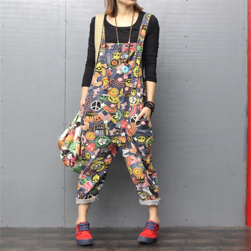 Printed denim bib overalls