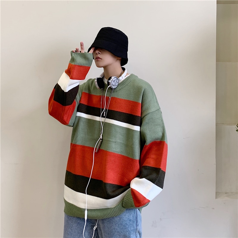 Round neck contrast wide striped sweater