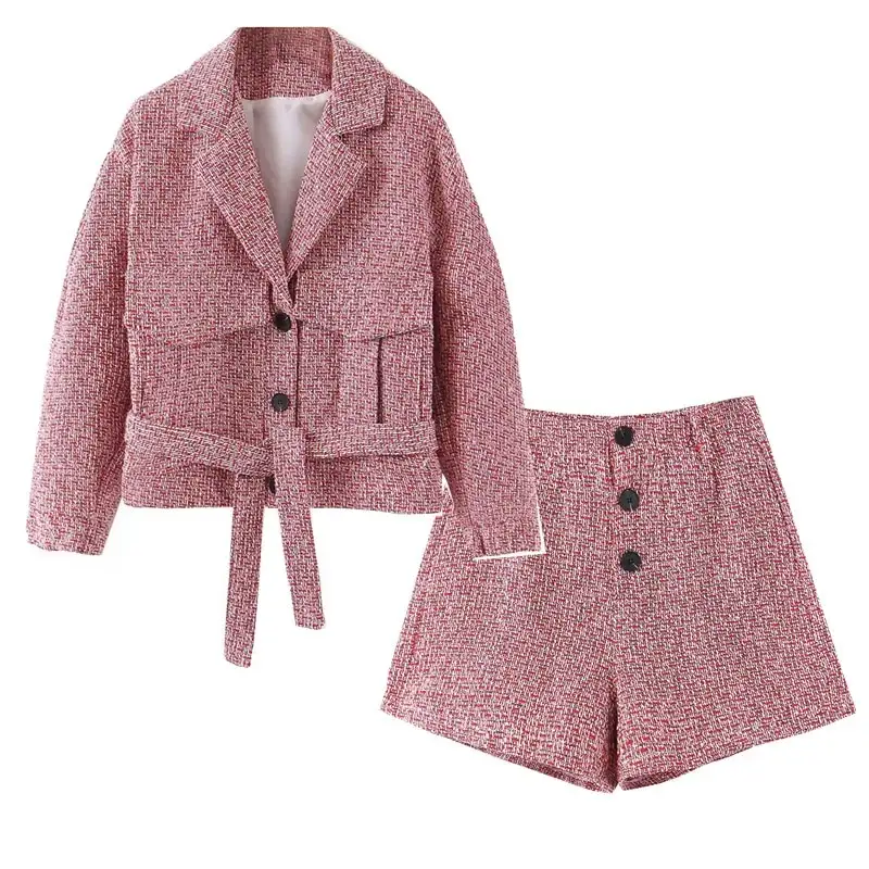 Suit Neck Pocket Lace Short Coat Buckle Shorts Set