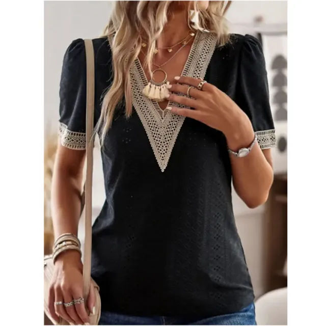Women's V neck Lace Loose Top Hollow Out Short Sleeve Shirt Black - Shop at LoveMi