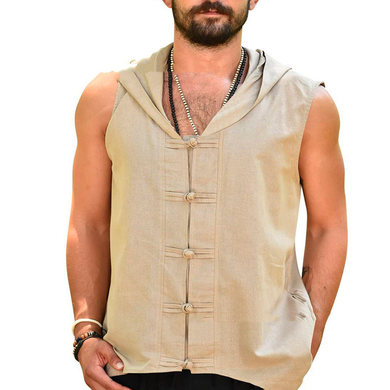 New Summer Men's Youth Loose Trend Solid Color Button Casual Hooded Vest
