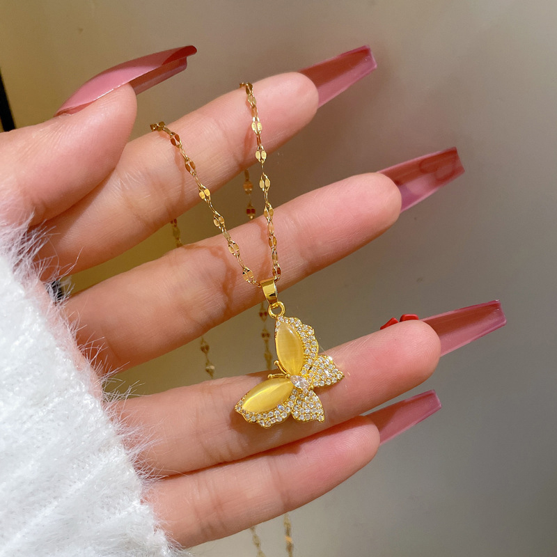 Titanium Steel Women's Full Diamond Colorful Crystal Butterfly Pendant Necklace