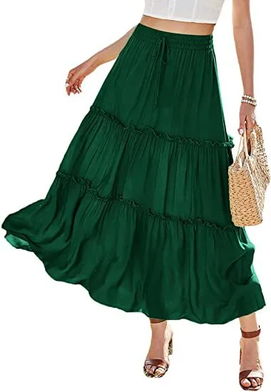 Women's Elastic High Waist A-Line Pleated Casual Maxi Dress - 5Color-S