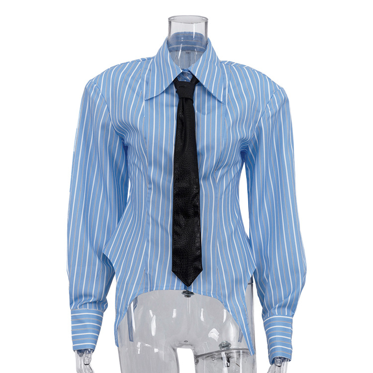 Commuter Long-sleeved Black Tie Shirt With Irregular Hem