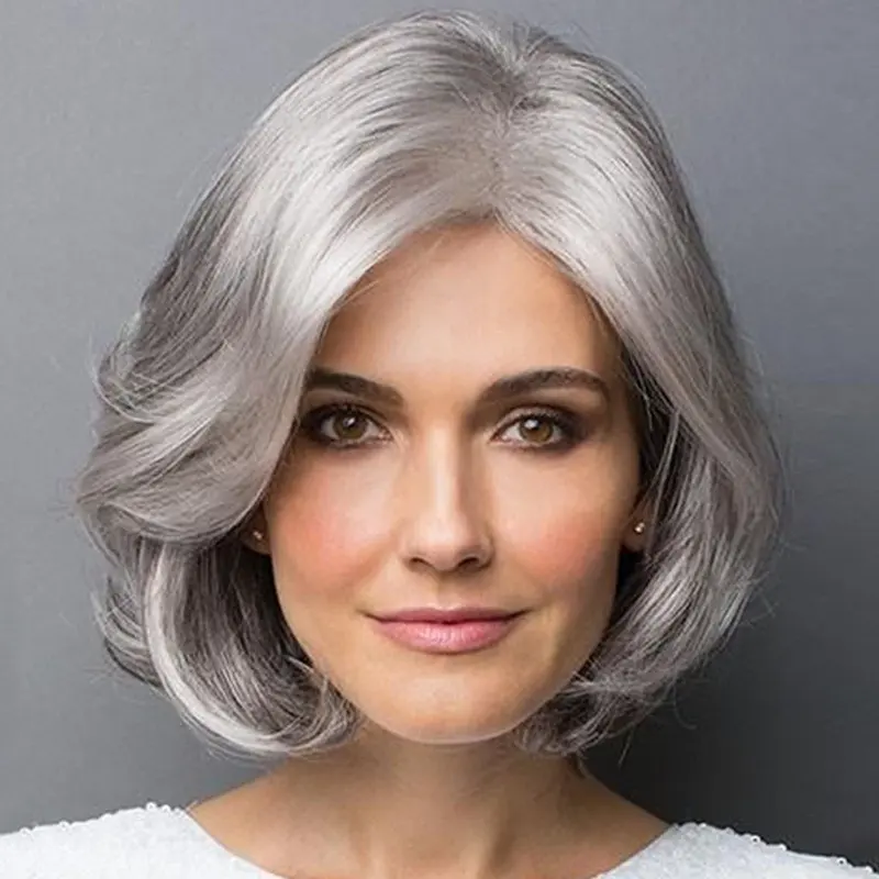 Silver Gray Short Curly Hair Fluffy Realistic Bobo Head